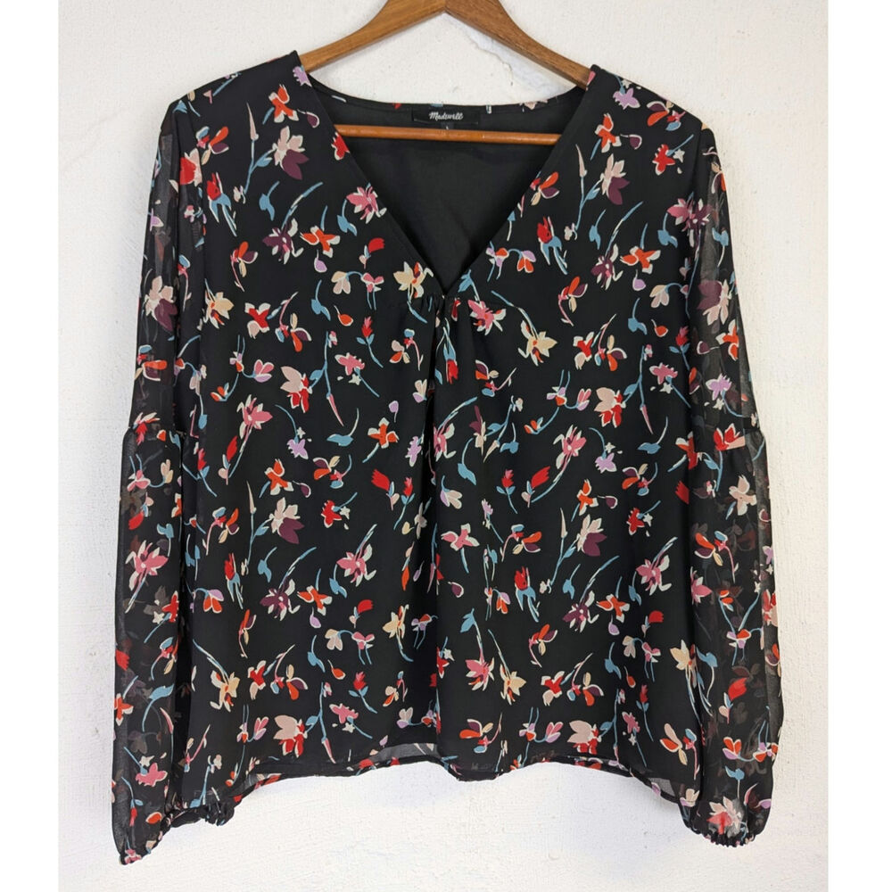 Madewell Floral Blouse Popover Boho Sheer Sleeves Dark Prairie Flowy Large